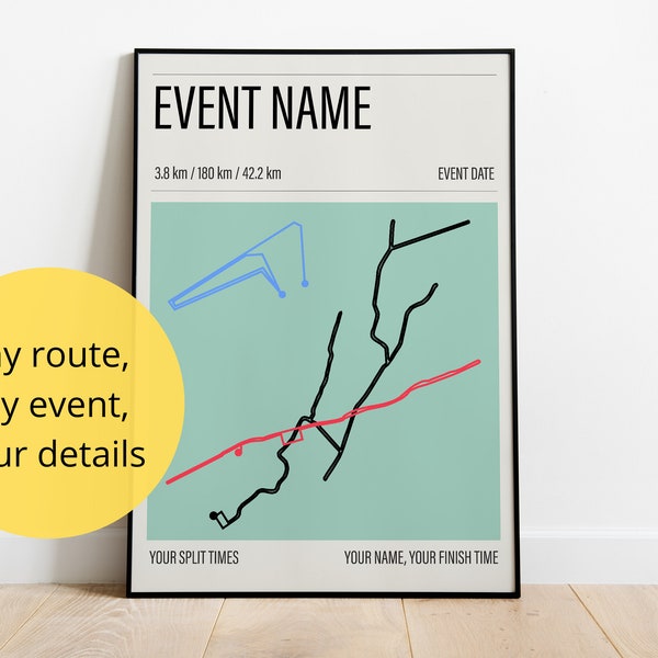 Impression triathlon personnalisée | Carte du parcours | Temps intermédiaires | 6 choix de couleurs | Cadeau pour les athlètes | Affiche de la carte de l'itinéraire