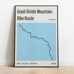 Custom Great Divide Fietsroute Print | Gepersonaliseerde Routekaart Poster | Cadeau voor fietsers | 6 kleuropties | Affiche voor fietstochten