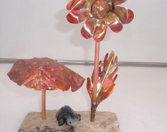 Toadstool Wildflower with Frog on Stone Base Handmade Copper Garden Art