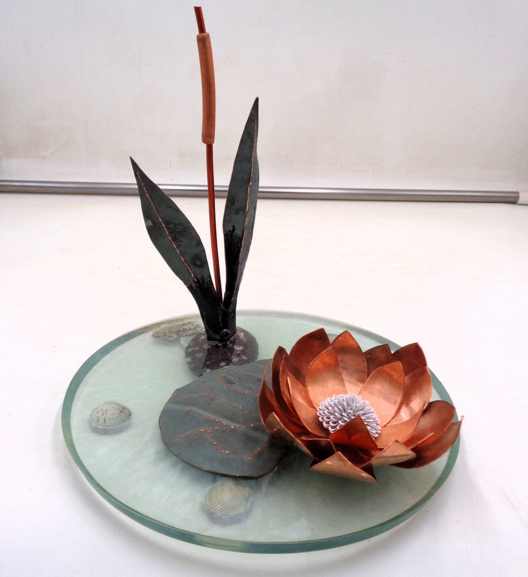 Water Lily Pad Pondside Scene With Cattail Outdoor Water Garden Decor