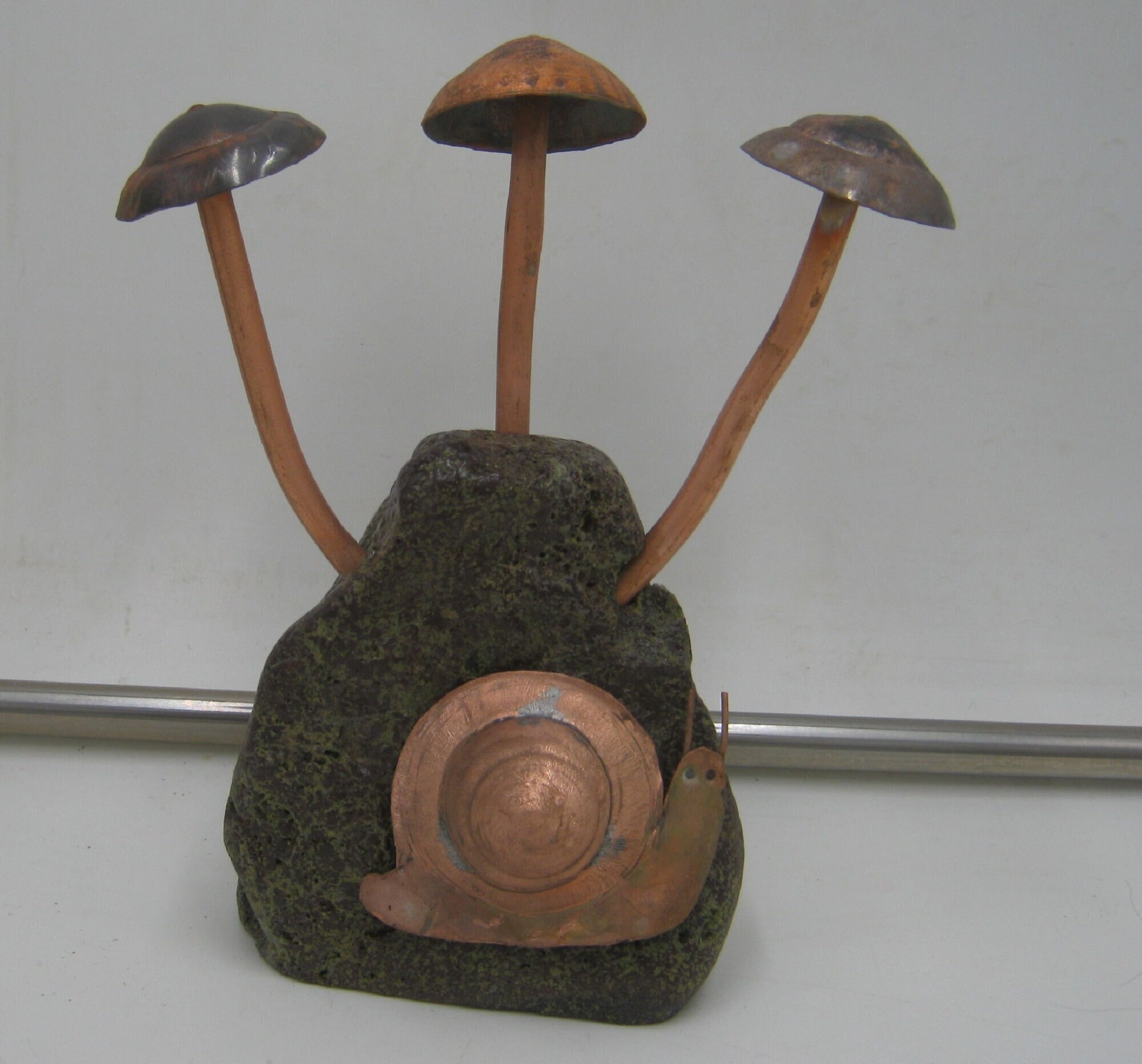 Hand Made Copper Mushrooms with Snail on Rock Base