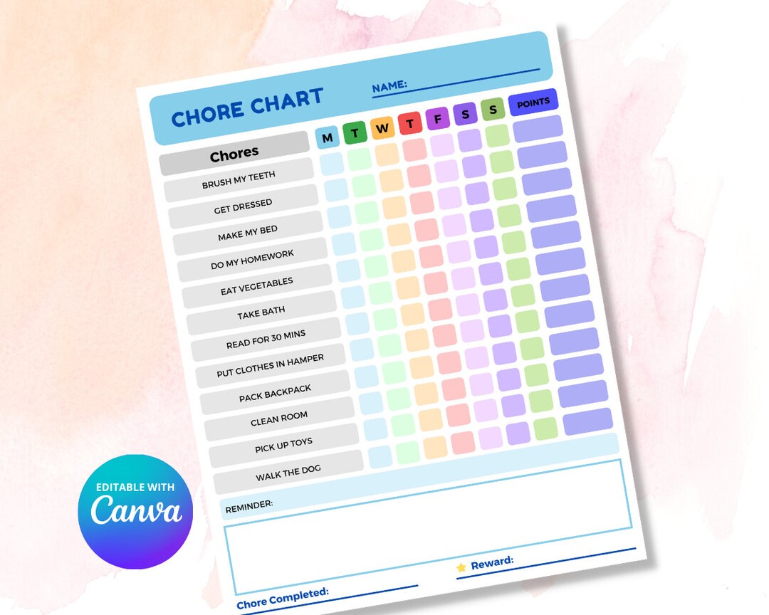 Canva Chore Chart for Kids Fully Editable Daily Weekly Routine Reward