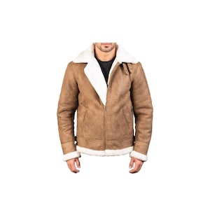 Chaqueta de aviador de piel de oveja estilo bombardero para hombre, chaqueta de vuelo de cuero marrón desgastado hecha a mano.