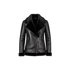 Women&#39;s Bomber Fur Shearling Leather Jacket Aviator pilot RAF B3 Bomber Jacket, Handmade Black Fur Leather Coat,100% Genuine Women&#39;s Coat.