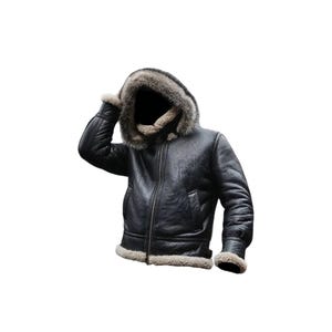 Herren Bomber B3 Kunstpelz Winter mit Kapuze schwarze Lederjacke, Bomber Black Aviator Pelzkragen Lederjacke.