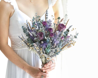 Lavender & Eucalyptus and Purple Roses Wedding Bouquet l Dried Flowers Bouquet l Boho Bridal Bouquet l Gift For Her