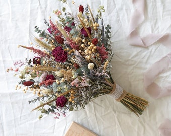 Dark Teal & Burgundy Dried Flower Bouquet, Whimsical Bridal Decor