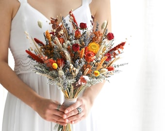Burnt Orange Dried Flower Bouquet, Boho Wedding Flowers