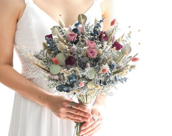 Eucalyptus & Blush Rose Dried Flower Bouquet, Boho Wedding