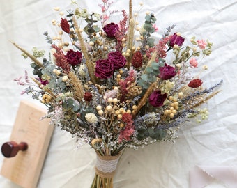 Burgundy Dried Flower Bridal Bouquet: Teal Roses, Eucalyptus