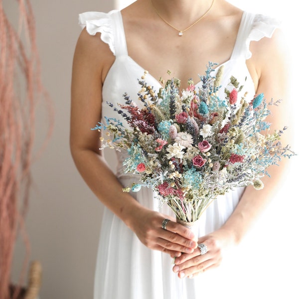 Baby Blue & Pink Wedding Bouquet l Baby Blue and Pink Boho Bouquet l Dried Flowers Bouquet l Wedding Boho Bouquet
