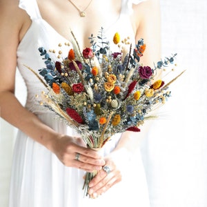 Bunter Boho Blumenstrauß l Orange (Gelb) & Blau Boho Blumenstrauß l Trockenblumen Blumenstrauß