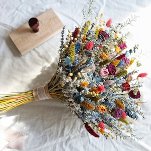 Juwel Boho Blumenstrauß l Lila, Pink und Blau Trockenblumen Brautstrauß l Hochzeitsstrauß