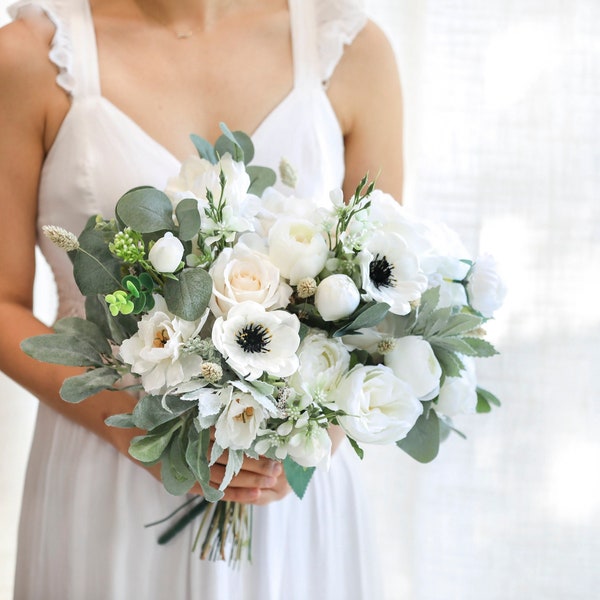 Anemone Silk Flowers Bouquet l White roses & Eucalyptus Wedding Bouquet l Bridal Bouquet