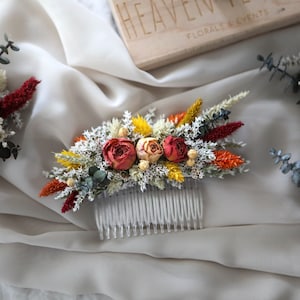 Orange & Burgund Haarkamm l Trockener Blumenkamm l Hochzeit Haarschmuck