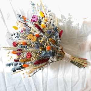 Colorful Boho Bouquet l Orange(Yellow) & Blue Bouquet l Dried Flowers Bouquet l Bridal Bouquet