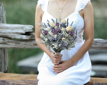 Dried Lavender Roses Bouquet, Boho Wedding Flowers