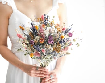 Dried Flower Bouquet: Boho Wedding Roses, Lavender, Bunny Tails
