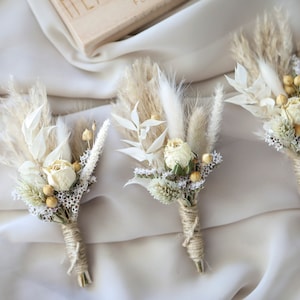 White Roses & Pampas Boutonniere l Boho Boutonniere l Gift For Him