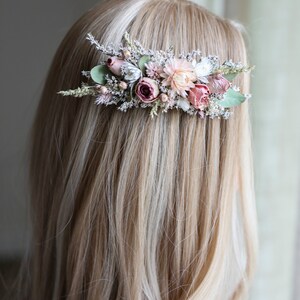 Blush Pink Roses & Eucalyptus Hair Comb l Dry flowers comb l Wedding Hair Accessories image 2