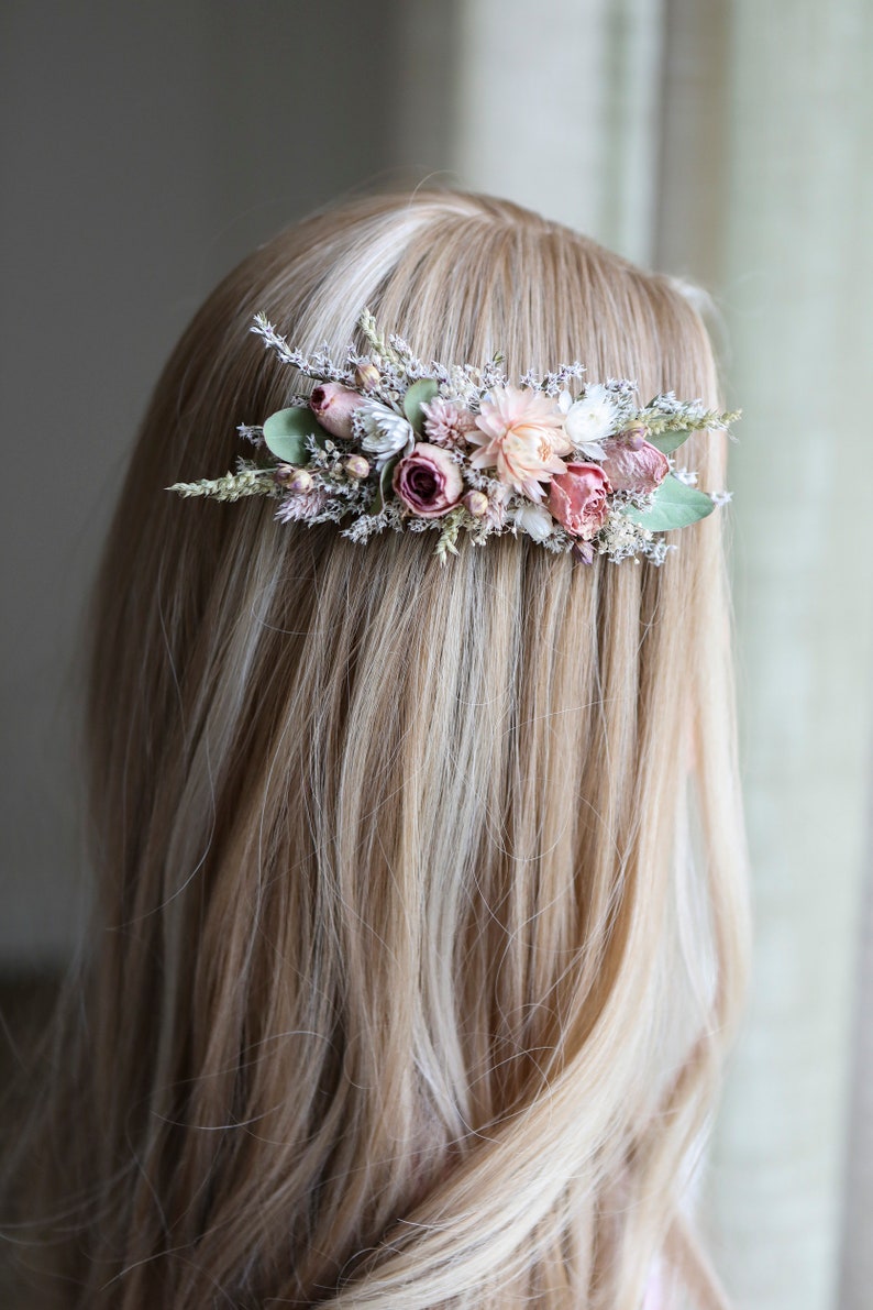 Blush Pink Roses & Eucalyptus Hair Comb l Dry flowers comb l Wedding Hair Accessories image 2