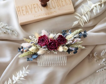 Hot Pink Roses Hair Comb l  Dried Flowers Hair Comb l Boho Hair Accessories