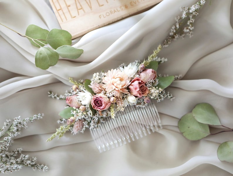 Blush Pink Roses & Eucalyptus Hair Comb l Dry flowers comb l Wedding Hair Accessories image 4