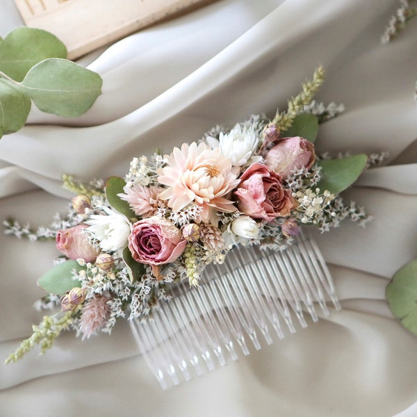 Blush Pink Roses & Eukalyptus Haarkamm l Trockener Blumenkamm l Hochzeit Haarschmuck