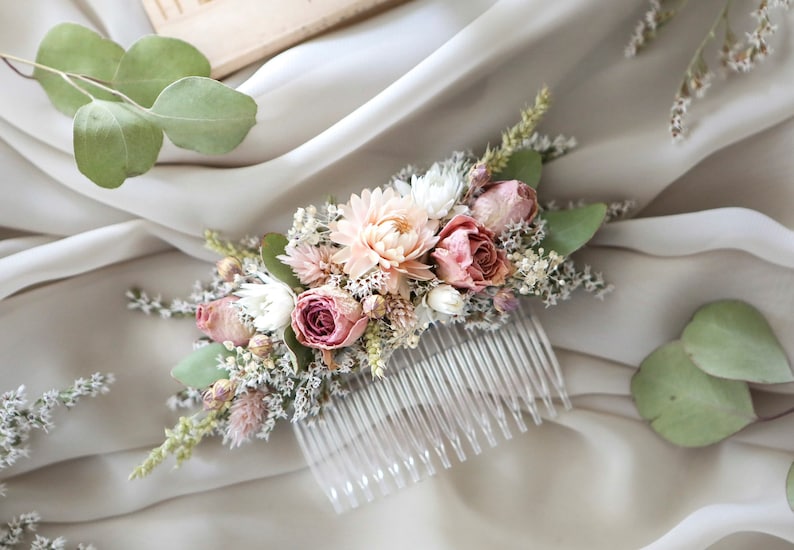 Blush Pink Roses & Eucalyptus Hair Comb l Dry flowers comb l Wedding Hair Accessories image 1