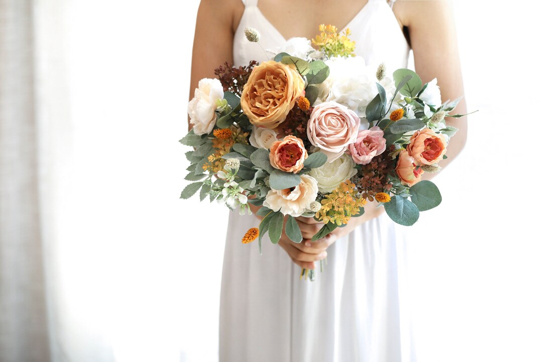 Yellow & Orange Silk Flowers Bouquet L Mustard Theme Wedding Bouquet L Bridal Bouquet Etsy