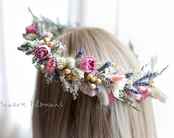 Blush Pink Rose & Lavender Hair Crown l Dried Flowers Hair Crown