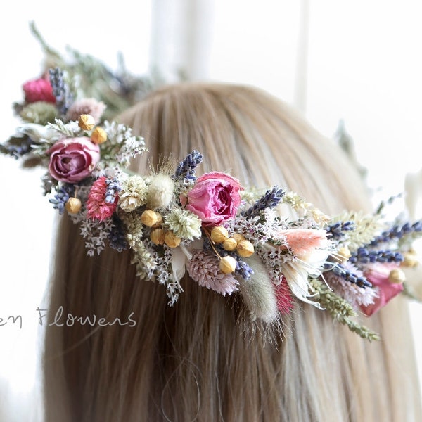 Blush Pink Rose & Lavender Hair Crown l Dried Flowers Hair Crown