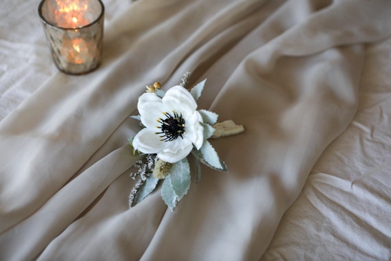 Anemone Silk Flowers Bouquet L White Roses & Eucalyptus Wedding