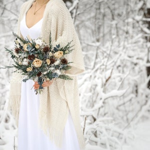 Winter Dried Flowers Bouquet l White Roses & Cedar Bridal Bouquet l Cotton Flowers Boho Bouquet