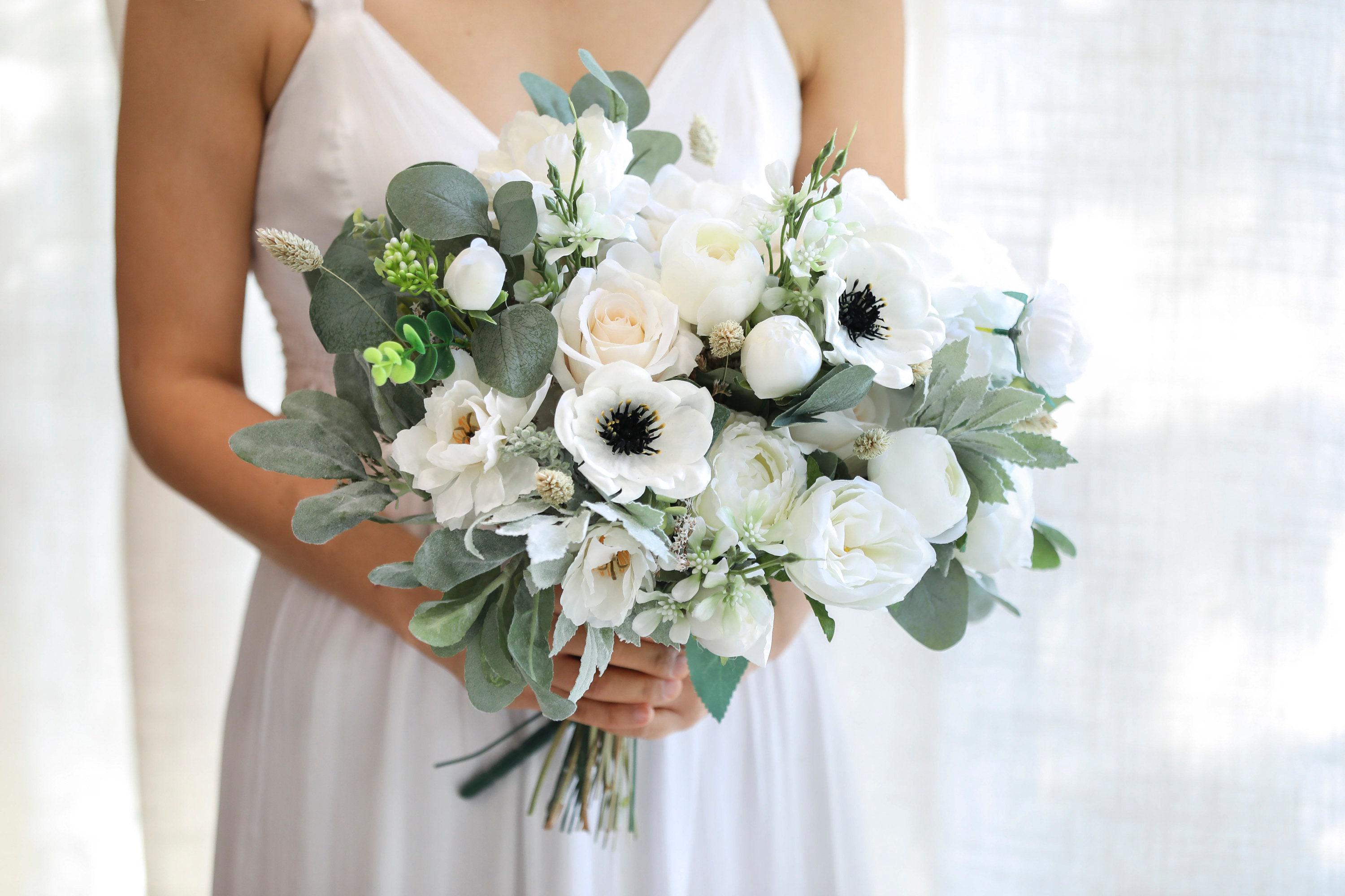 Silk Anemone Wedding Bouquet, White Roses & Eucalyptus - Etsy