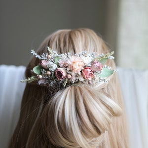 Blush Pink Roses & Eucalyptus Hair Comb l Dry flowers comb l Wedding Hair Accessories image 5