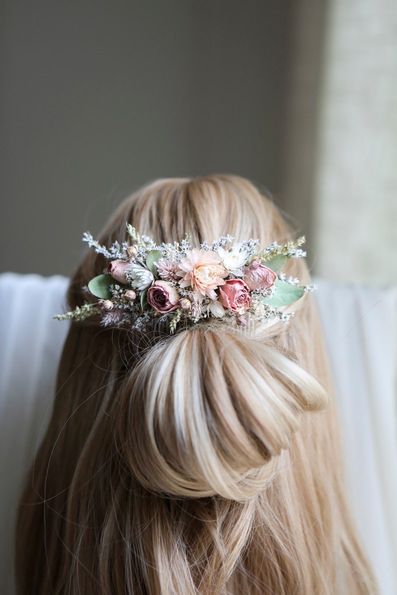 Blush Pink Roses & Eucalyptus Hair Comb l Dry flowers comb l Wedding Hair Accessories image 5