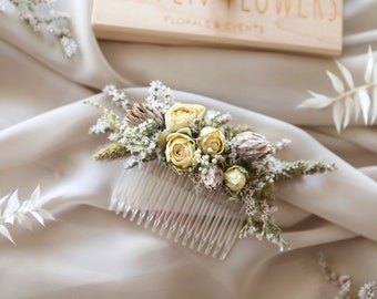 White Roses Hair Comb l Bridal Hair Accessory l Dried Flowers Hair comb l Bridal Hair comb