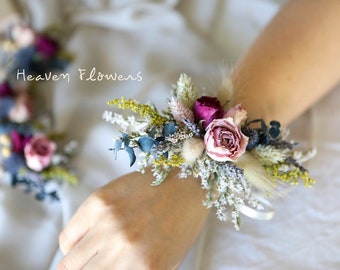 Hot Pink Rose & Thistle Wrist Corsage l Dried Flowers Wrist Corsage