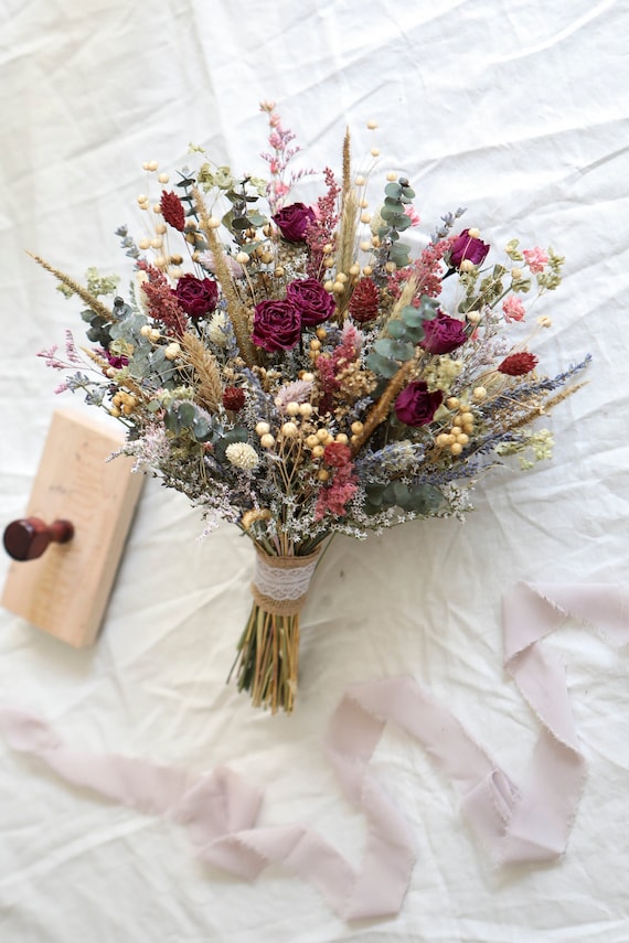 Dark Teal & Burgundy Bridal Bouquet L Dried Flowers Bouquet L Whimsical  Bouquet L Gift for Her 