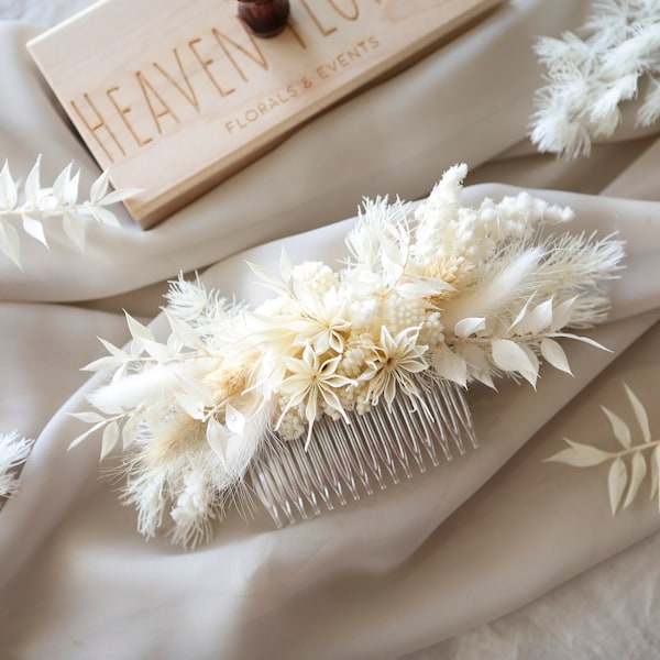 White Pampas Hair Comb l Dried Flowers Hair Comb l Boho Hair Accessories