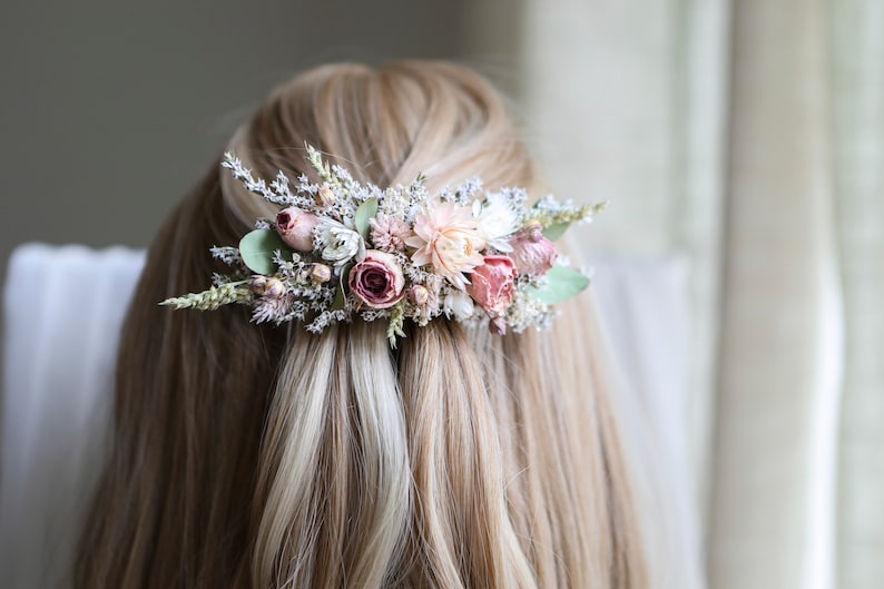 Blush Pink Roses & Eucalyptus Hair Comb l Dry flowers comb l Wedding Hair Accessories image 3