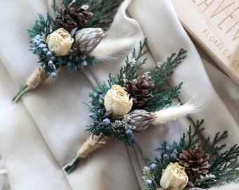 Winter Dried Flowers Boutonniere l White Roses & Cedar Boutonniere l Boho Boutonniere