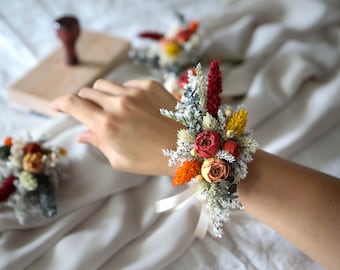 Orange & Burgundy Wrist Corsage l Dried Flowers Wrist Corsage