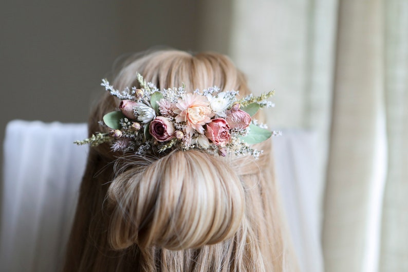 Blush Pink Roses & Eucalyptus Hair Comb l Dry flowers comb l Wedding Hair Accessories image 6