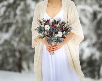 Winter Dried Flowers Bouquet l Hot Pink & Cedar Boho Bouquet l Cotton Flowers Bridal Boutonniere