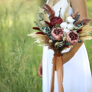 Burgundy Roses & Peony Pampas Bouquet l Boho Bridal Bouquet
