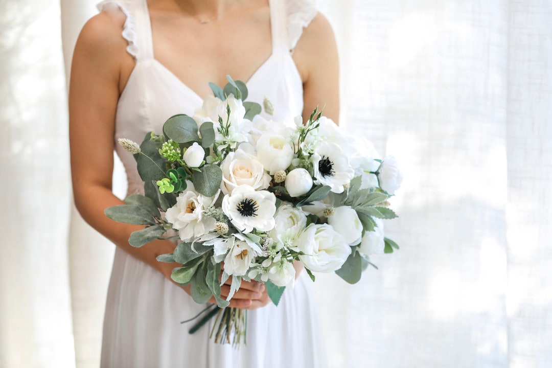 Anemone Silk Flowers Bouquet L White Roses & Eucalyptus Wedding Bouquet L Bridal Bouquet Etsy