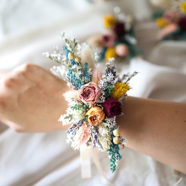 Pink & Blue Dried Flowers Corsage l Dried Flowers Wrist Corsage