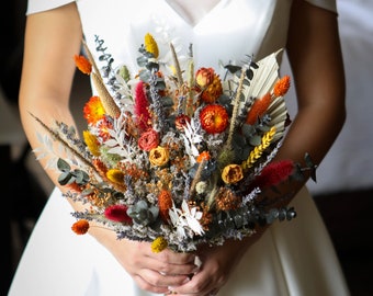 Rust Orange Dried Flower Bouquet, Boho Bridal Decor